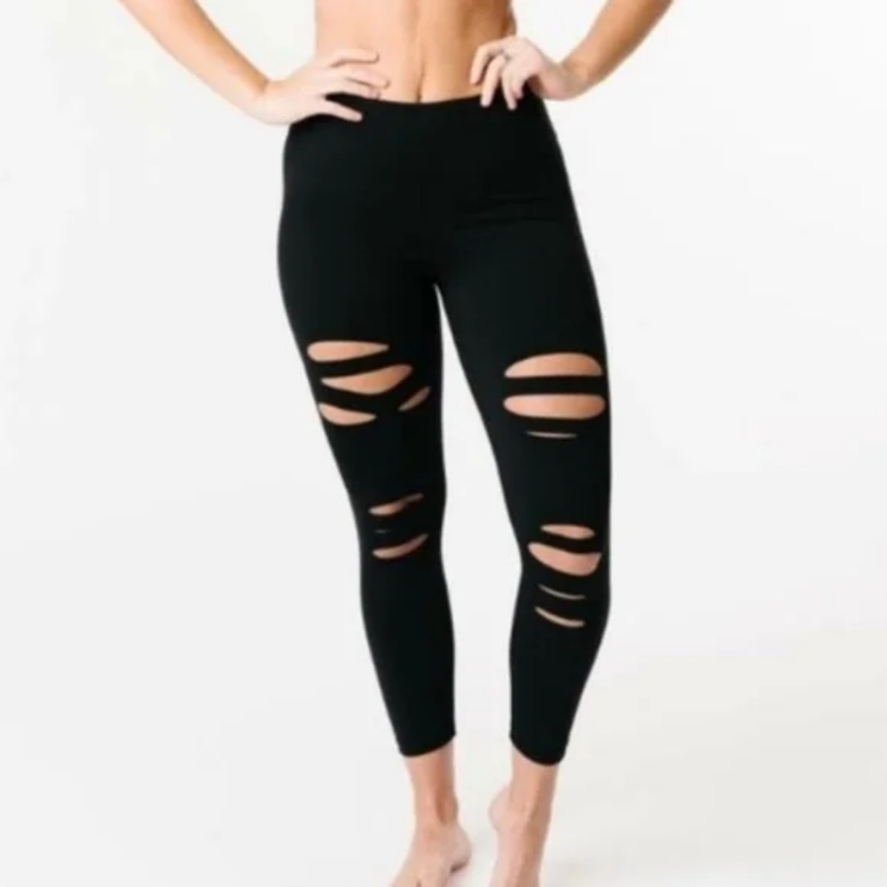 ZYIA Active Black Slashed Lux High Rise Ripped Leggings Size 0 Activewear Gym